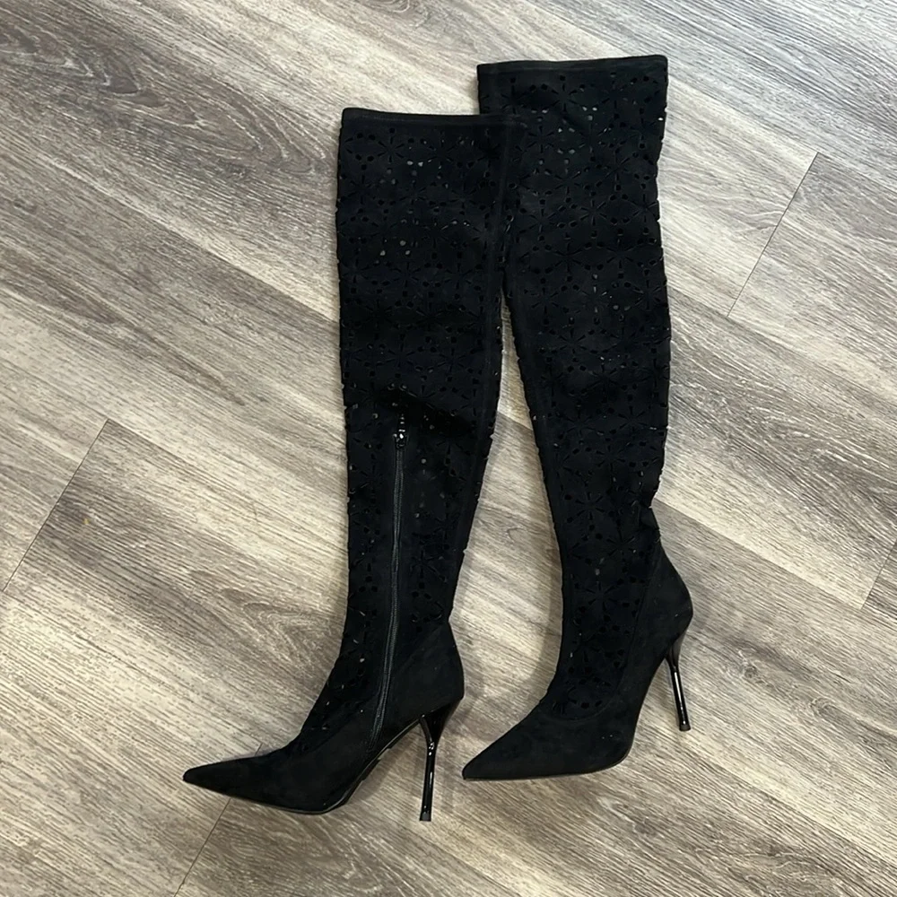 Jeffrey Campbell Black Suede Perforated Tall Boots Stiletto Heel 6.5